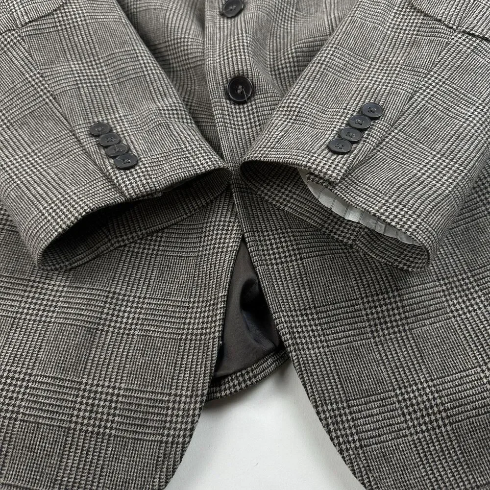 Club Monaco Elbow Patch Equestrian Wool Blazer 40R Brown Plaid Sport coat Jacket